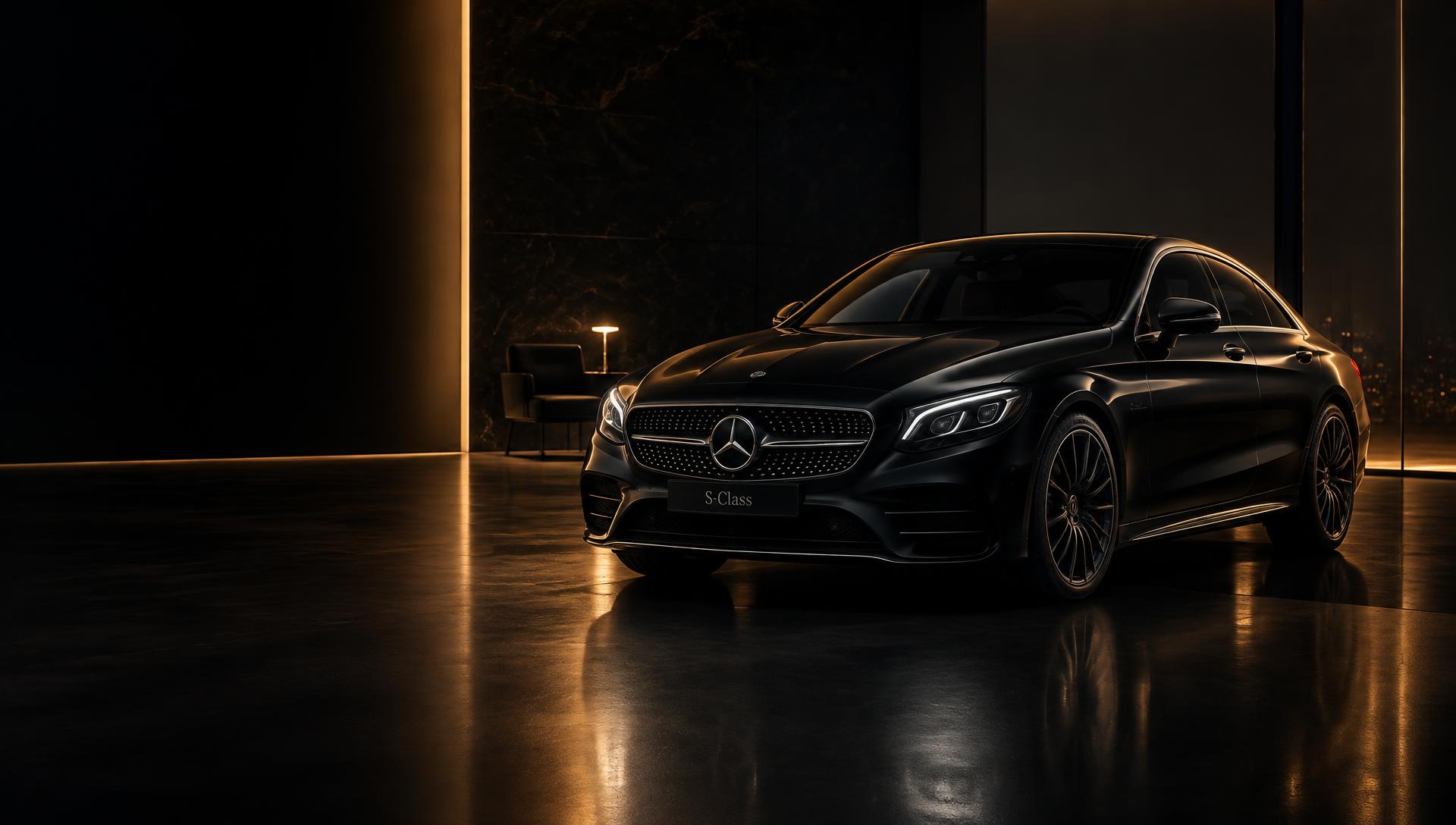 Black luxury sedan in a dark showroom